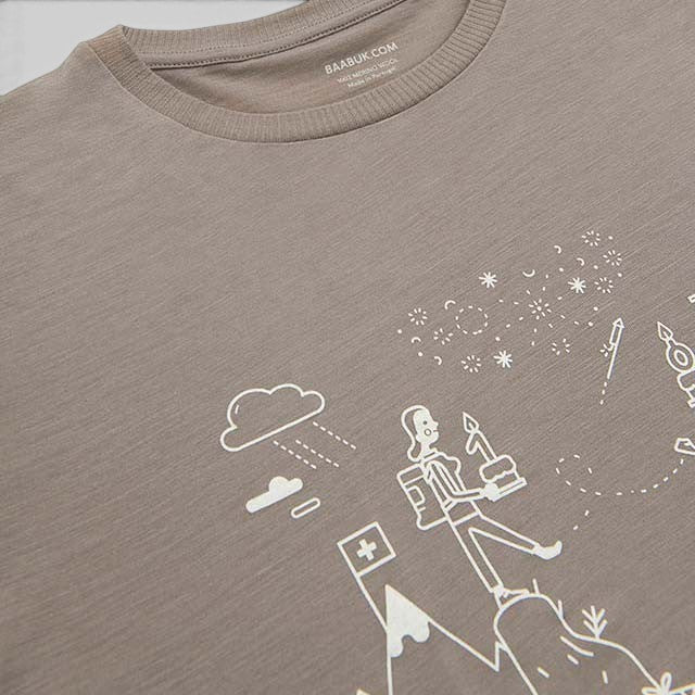 Baabuk khaki 100% merino wool t-shirt with a white Swiss-themed anniversary illustration by Jamie Aspinal.