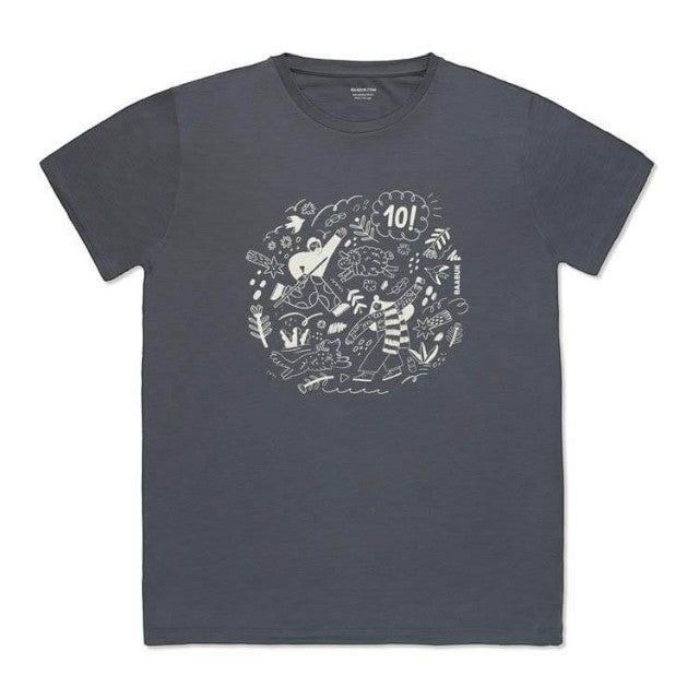 Baabuk dark grey 100% merino wool T-shirt featuring a limited edition 10th anniversary illustration by Ana Seixas.