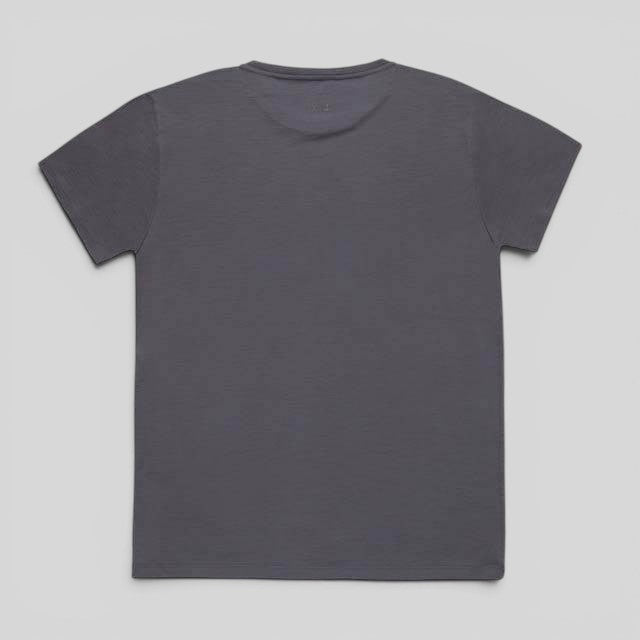Back view of a dark grey Baabuk 10 Year Anniversary T-shirt made from 100% merino wool.