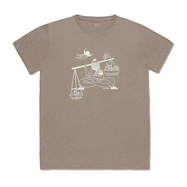 Baabuk 10-year anniversary T-shirt in khaki merino wool with a white graphic illustration by Shraddha Shrestha.