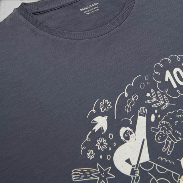 Baabuk dark grey 100% merino wool t-shirt with a white illustrated graphic by Ana Seixas Santos.