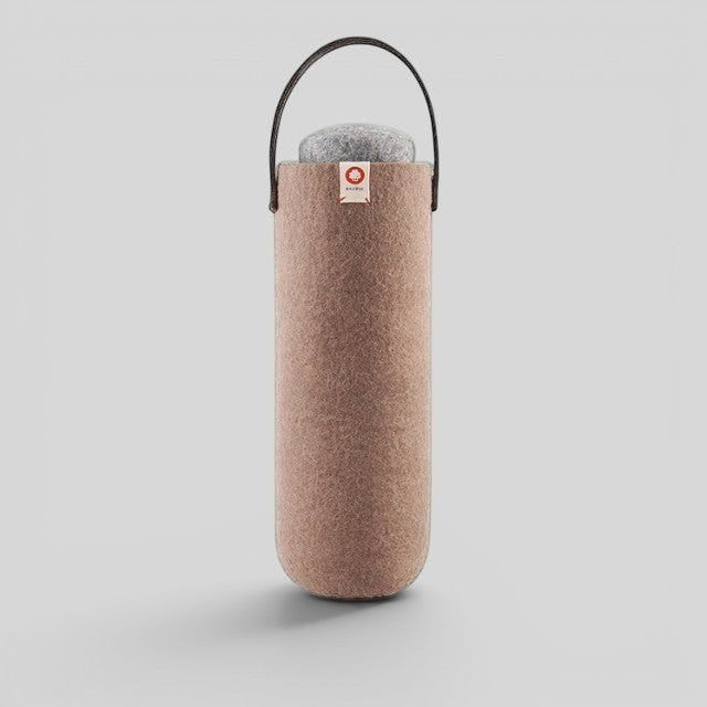 Baabuk moka brown wool wine cooler with a leather handle for portable, ice-free bottle chilling.
