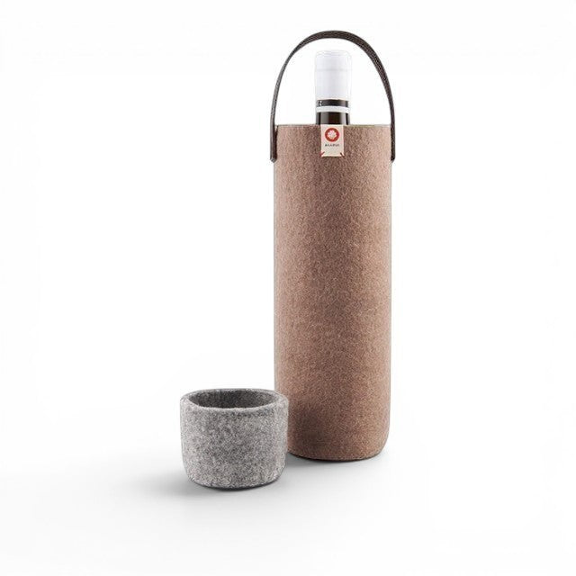 Baabuk moka wool wine cooler with leather strap and matching felt cup, designed for eco-friendly bottle insulation.