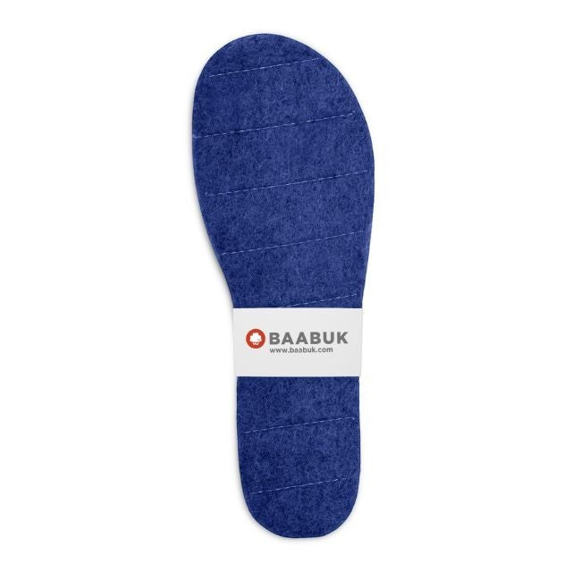 Baabuk navy blue handcrafted felt slipper insoles with white branded label, designed for comfort and easy trimming.