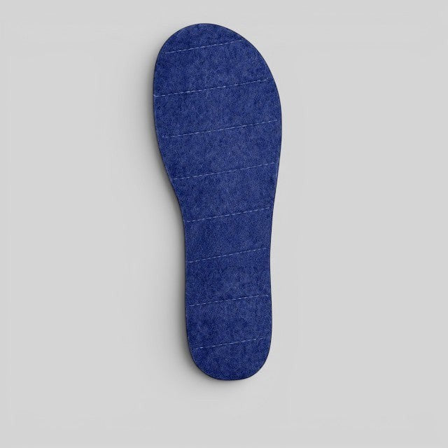 Baabuk navy blue handcrafted felt slipper insoles with horizontal stitching for added comfort and durability.