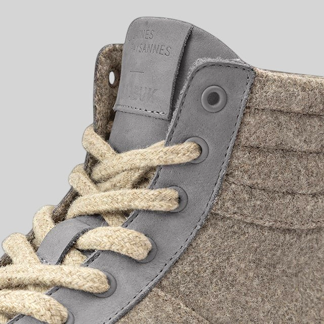 Baabuk Peaks Wooler high-top sneaker in warm grey Pyrenean wool with leather accents and thick wool laces