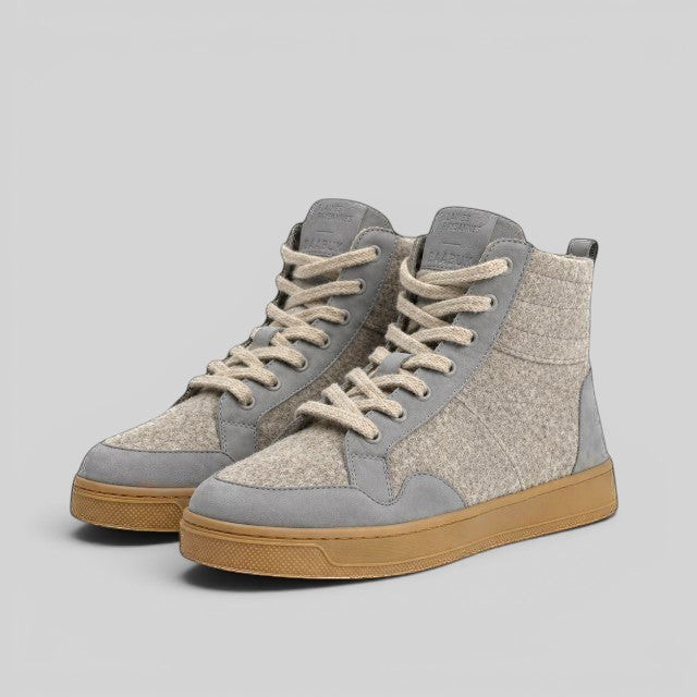 Baabuk Peaks Wooler high-top sneakers in warm grey Pyrenean wool with suede accents and a natural rubber sole.
