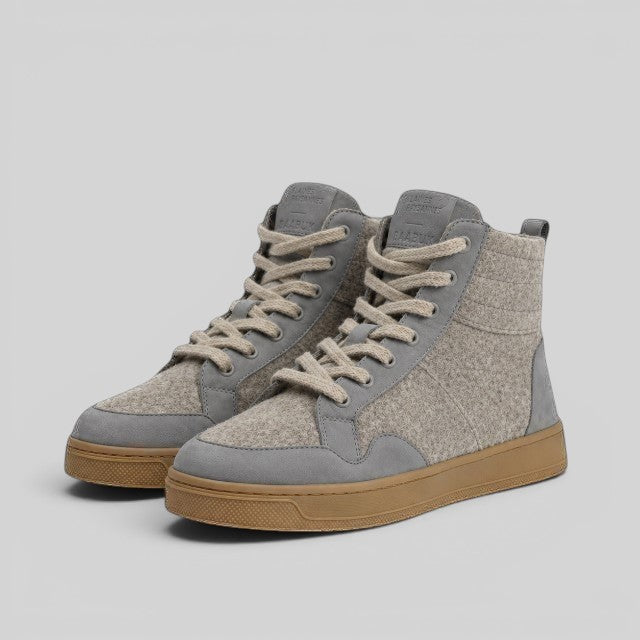 Baabuk Peaks Wooler high-top sneakers in warm grey Pyrenean wool with suede accents and a natural rubber sole.