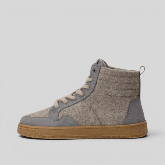 Baabuk Peaks Wooler high-top sneakers in warm grey wool with grey suede accents and a tan rubber sole.