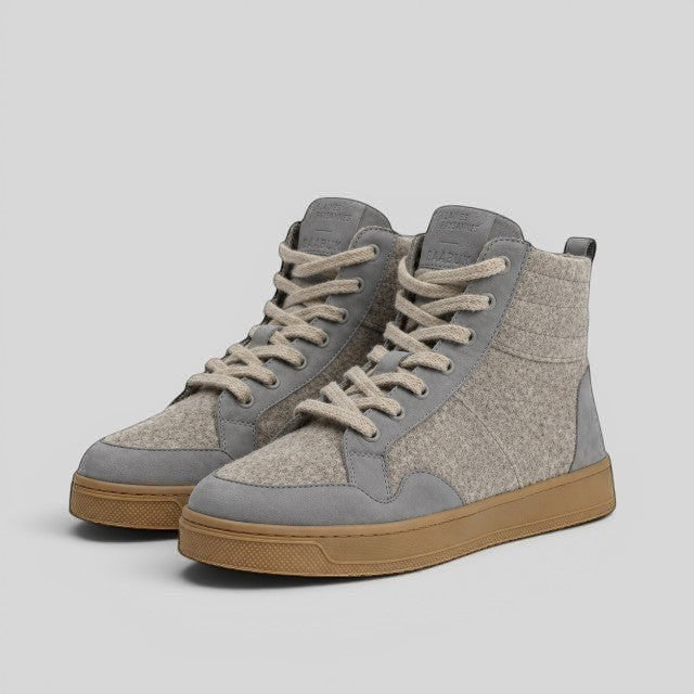 Baabuk Peaks Wooler high-top sneakers in warm grey wool with suede accents and tan rubber soles.