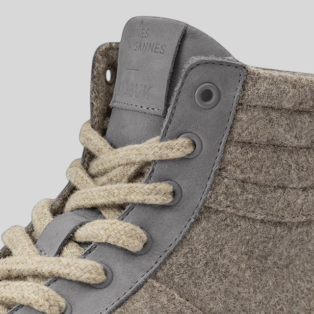 Baabuk Peaks Wooler high-top sneakers in warm grey wool with grey leather accents and natural-colored laces.