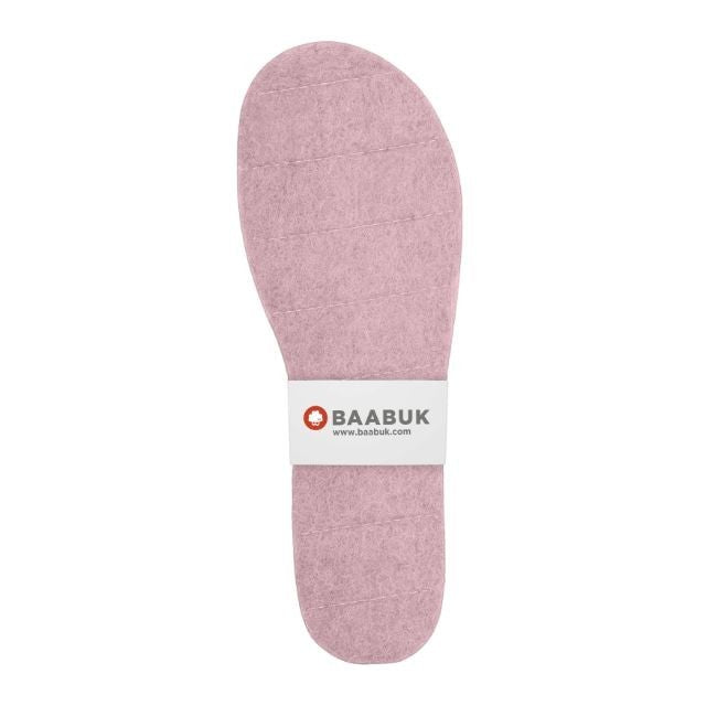 Baabuk handcrafted pink felt slipper insoles with stitched detailing, designed for comfort and custom trimming.