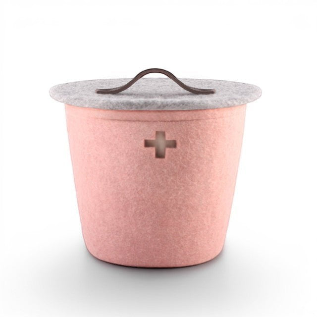 Baabuk small pink felted wool basket with a grey lid, leather handle, and Swiss cross cutout detail.