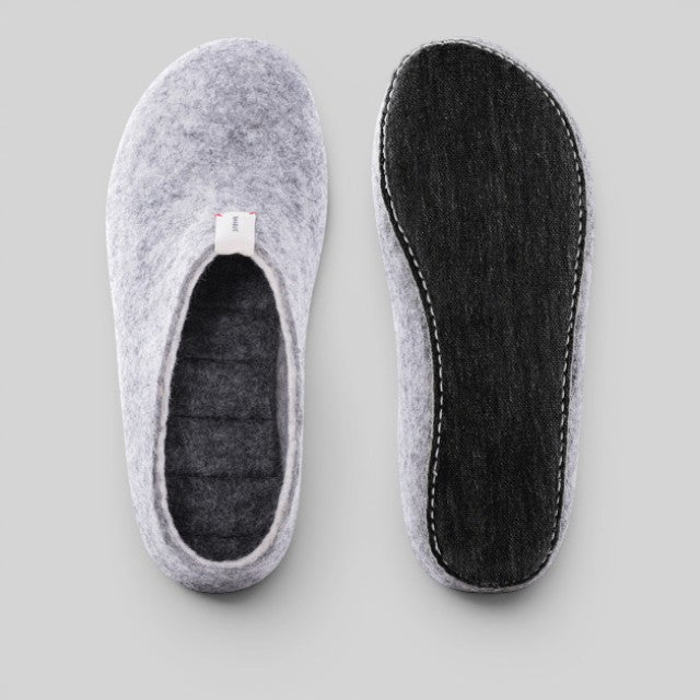 Baabuk Pomobuk slippers in grey wool with black upcycled ski-skin soles, shown from top and bottom views.