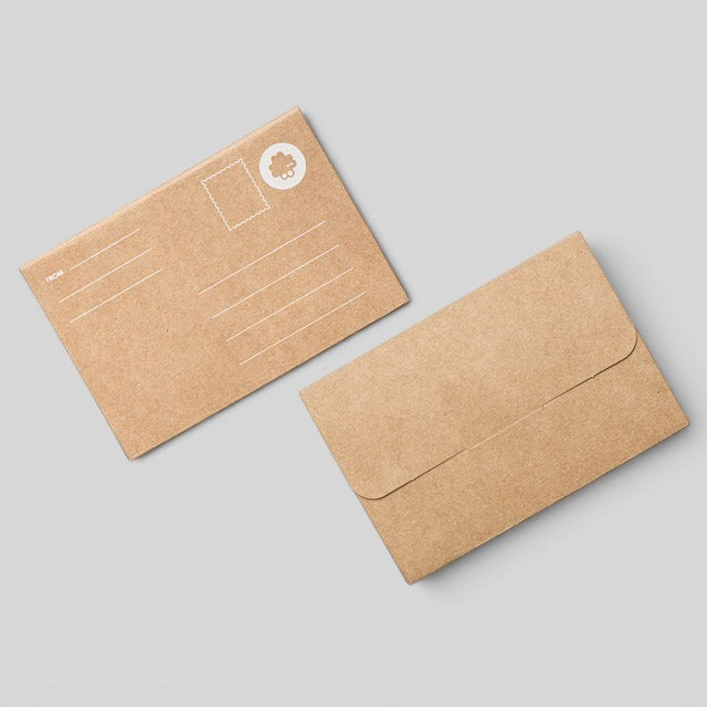 Baabuk repair kit in a brown kraft paper envelope with postcard-style markings on a light grey background.