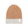 Baabuk reversible camel and grey baby alpaca wool beanie with a ribbed knit texture and branded tag