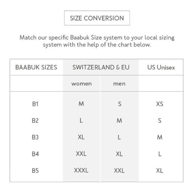 Baabuk size conversion chart comparing Baabuk sizes B1 to B5 with Switzerland, EU, and US unisex sizing standards.