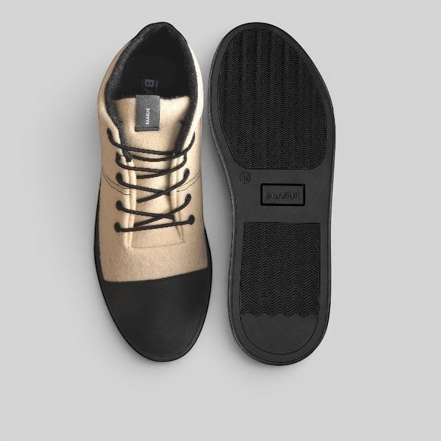 Baabuk Sky Wooler Blacknose SW sneakers in beige wool with black nubuck toe caps and black rubber outsoles.