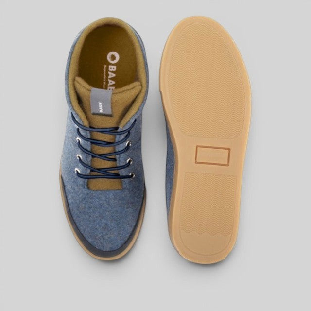 Baabuk Sky Wooler Blue Raisa sneakers featuring blue wool upper, olive lining, and durable gum rubber soles.