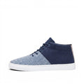 Baabuk Sky Wooler sneakers in blue wool and nubuck with white rubber soles and elastic laces, side view.