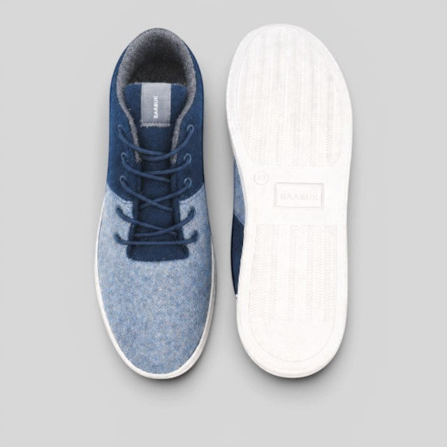 Baabuk Sky Wooler sneakers in blue wool with a white rubber sole, shown from top and bottom views.