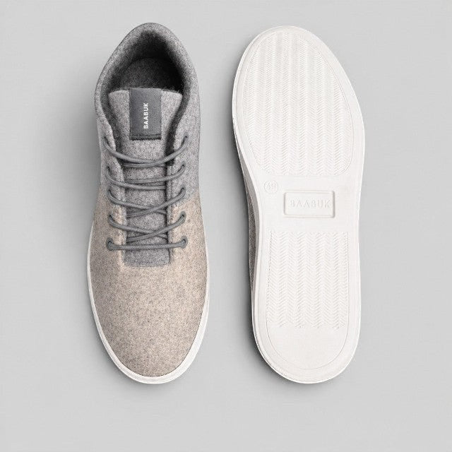 Baabuk Sky Wooler sneakers in middle grey wool with white rubber soles, shown from top and bottom views.