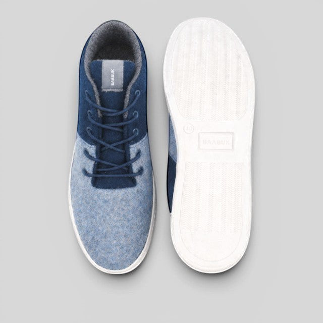 Baabuk Sky Wooler jeans blue wool sneakers with white rubber soles, top-down view showing lace-up design.