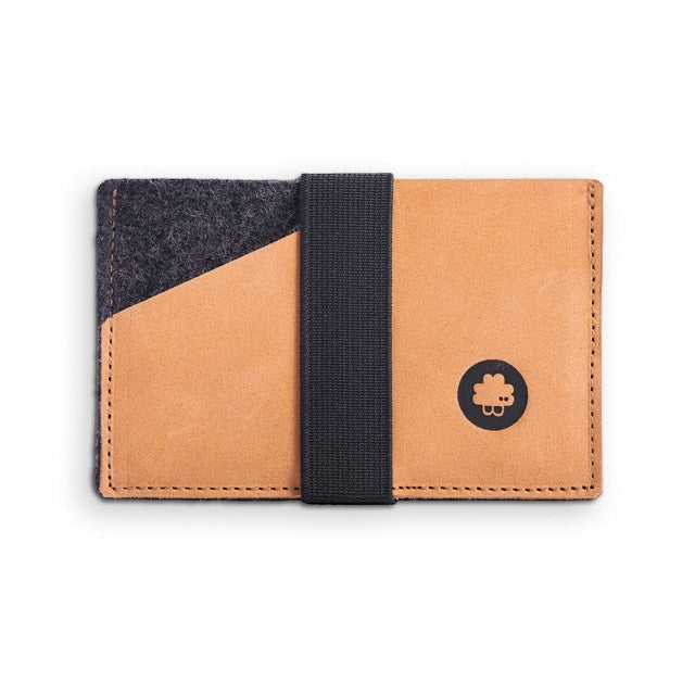 Baabuk slim wallet in tan leather and grey wool with a black elastic strap for secure card and cash storage.