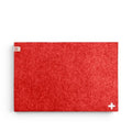 Baabuk rectangular Swiss red felted wool table mat with a small white cross detail on a white background.