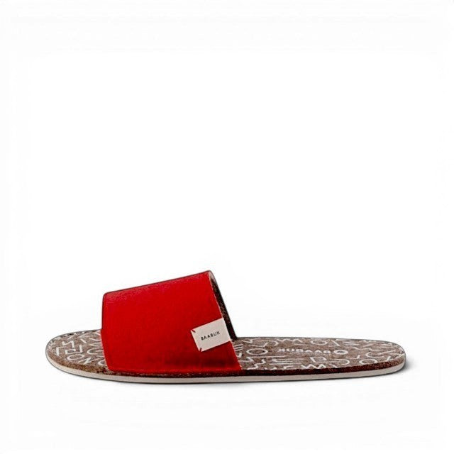 Baabuk Baabulette slide sandals in Swiss Red wool with a patterned compressed wool footbed and crepe rubber sole.