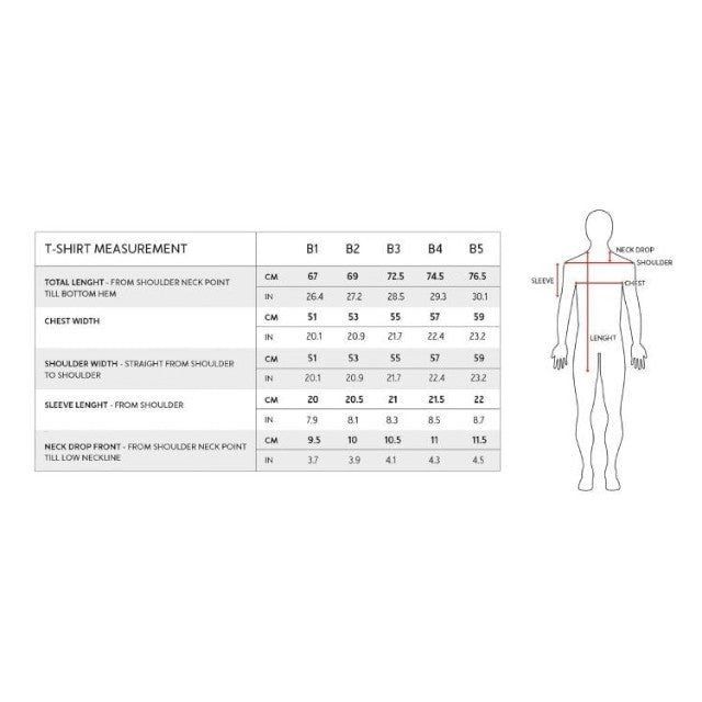 Baabuk 10 Year Anniversary T-shirt size chart showing measurements for B1 to B5 sizes in centimeters and inches.