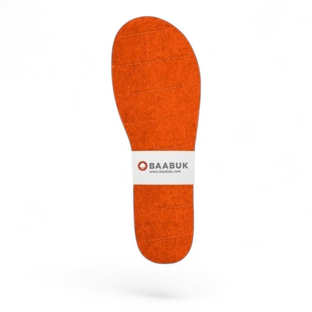 Baabuk tangerine wool felt slipper insoles, handcrafted in Nepal for extra comfort and a customizable fit.