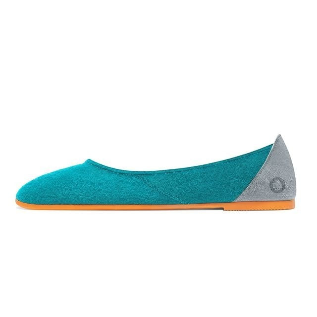 Baabuk teal wool ballerina flats with grey nubuck heel detail and orange rubber sole on a white background.