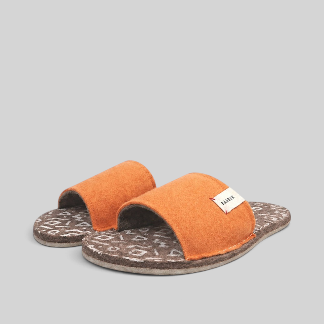 Baabuk Baabulette wool slide sandals in terracotta with a patterned footbed and branded side label