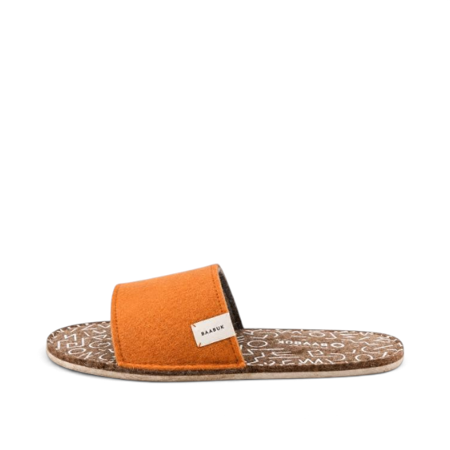 Baabuk Baabulette wool slide sandals in terracotta with a patterned footbed and branded side label