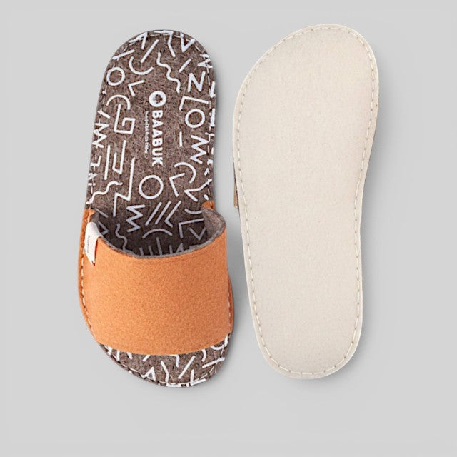 Baabuk Baabulette terracotta wool slide sandals with patterned footbed and natural rubber sole