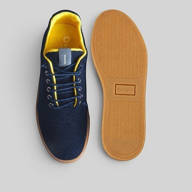 Baabuk Urban Wooler navy blue wool sneakers with bright yellow lining and gum rubber soles