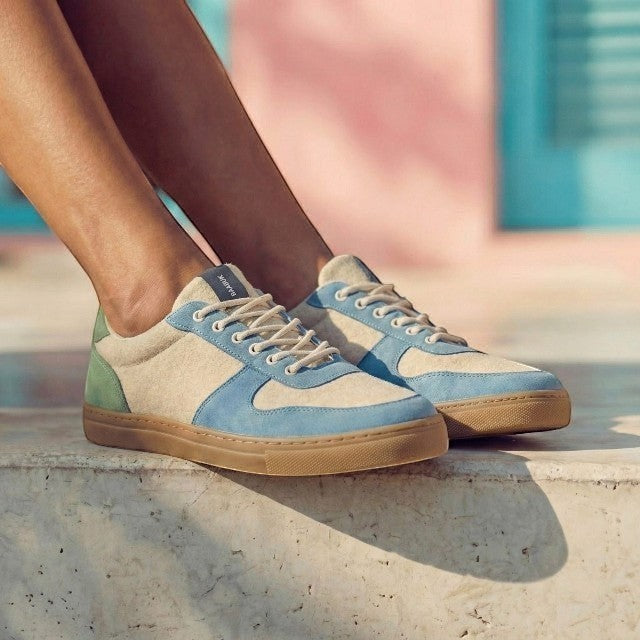 Baabuk Urban Wooler Wonderland sneakers in beige wool with blue and green nubuck accents and gum rubber soles.
