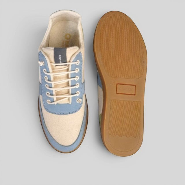 Baabuk Urban Wooler Wonderland sneakers in cream and blue wool with elastic laces and a durable gum rubber sole