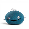 Baabuk Whalebuk blue felted wool whale storage basket with hand-stitched features and a white spout.