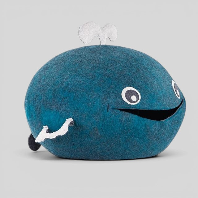 Baabuk Whalebuk blue wool storage whale, handmade in Nepal with natural New Zealand wool and hand-stitched details.