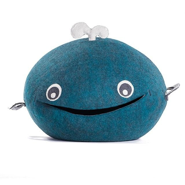 Baabuk Whalebuk blue felt wool storage basket with hand-stitched whale features, handmade in Nepal.