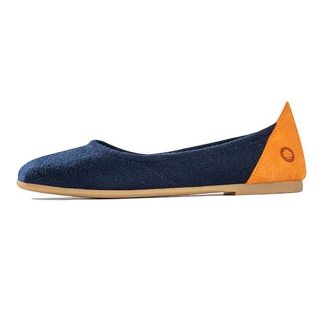 Baabuk blue wool ballerina flat with orange nubuck heel detail and durable rubber sole.