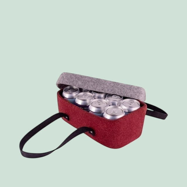 Baabuk Bordeaux wool beer cooler filled with 8 cans, featuring a grey lid and black handles.