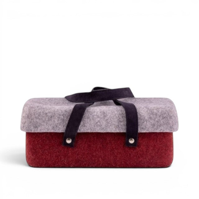 Baabuk Bordeaux wool beer cooler with grey lid and dark straps, handmade in Nepal. Perfect for BBQs and camping.