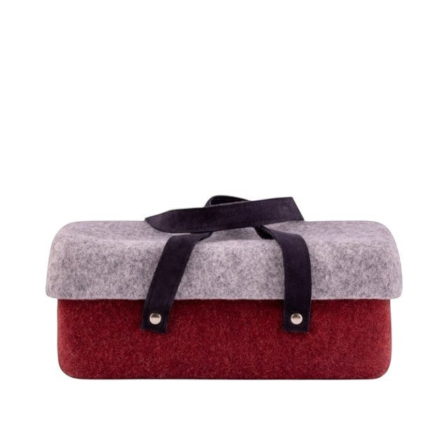 Baabuk Bordeaux wool beer cooler with grey lid and dark straps, handmade in Nepal. Perfect for BBQs and camping.