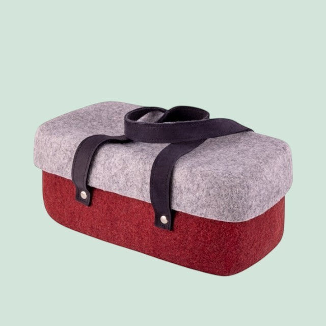 Baabuk bordeaux and grey wool beer cooler with leather straps. Handmade in Nepal.