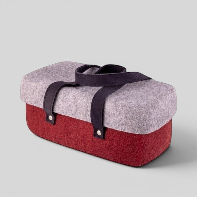 Baabuk bordeaux and grey wool beer cooler with leather straps. Handmade in Nepal.
