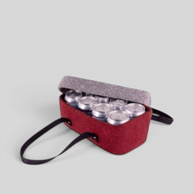 Baabuk Bordeaux wool beer cooler filled with 8 cans, featuring a grey lid and black handles.