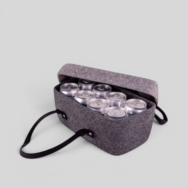 Baabuk dark grey wool beer cooler filled with 8 cans, featuring leather straps for carrying.
